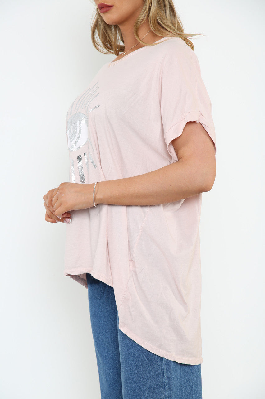 Ladies Foil Eye Graphic Top Dusty Pink