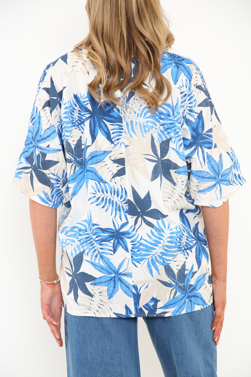 Ladies Leaf Print Top Royal Blue