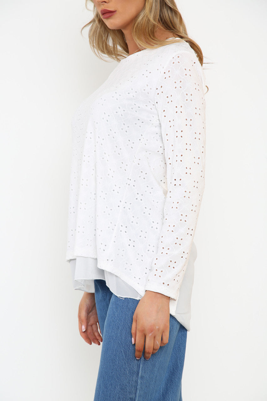 Ladies Bow Back Detail Broderie Anglaise Top White