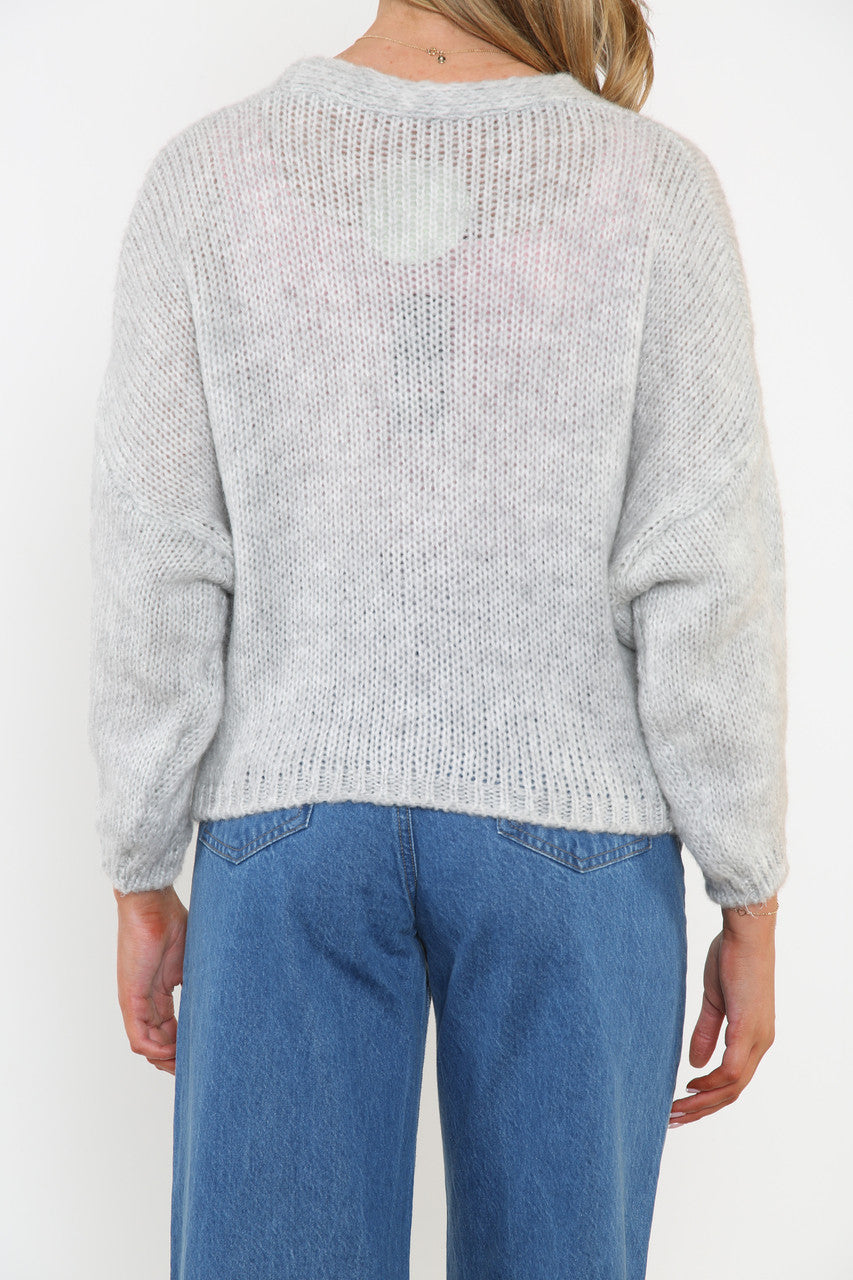 Ladies Fluffy Knitted Button Front Cardigan Silver
