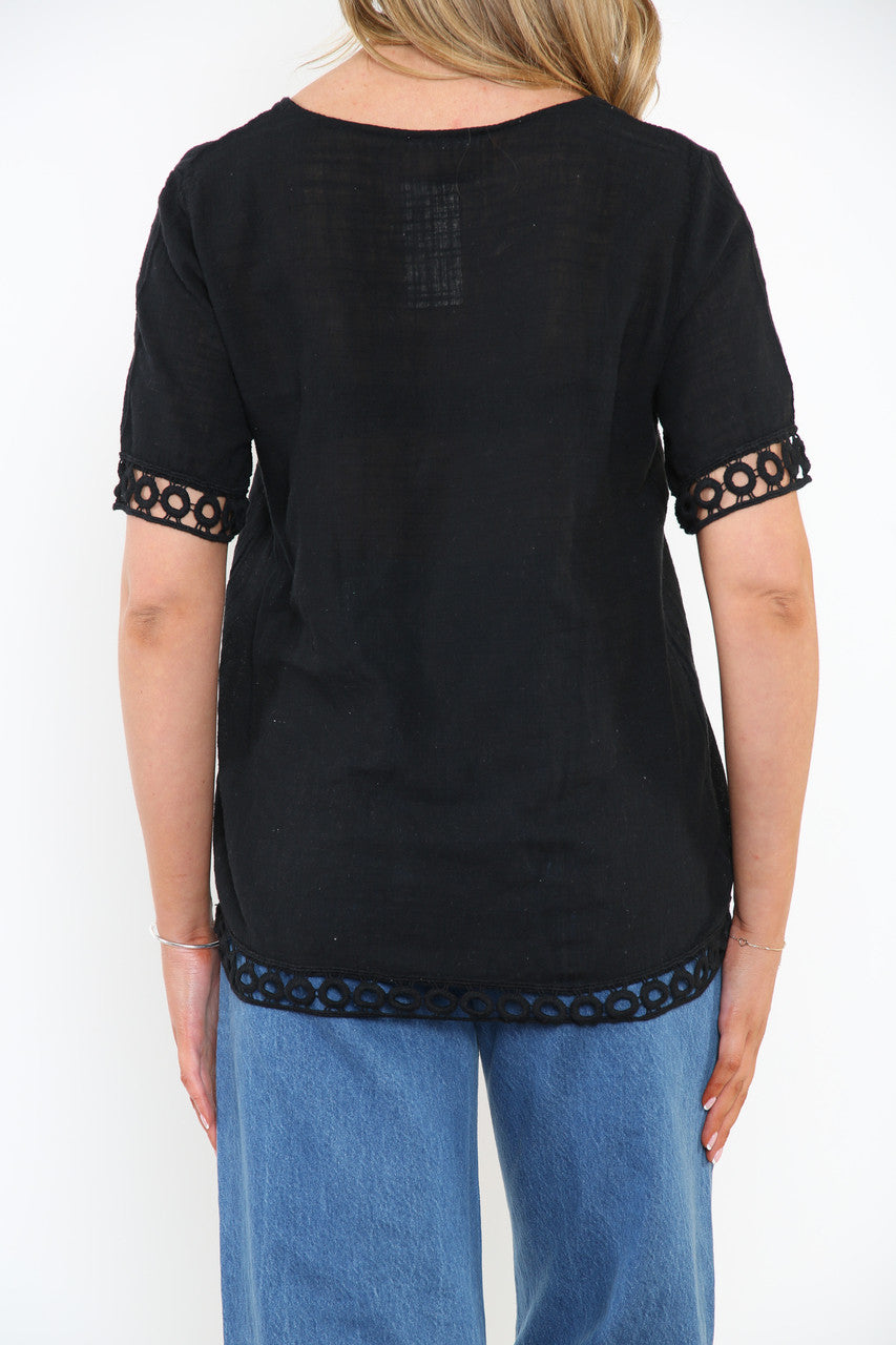 Ladies Crochet Hem Detail Top Black