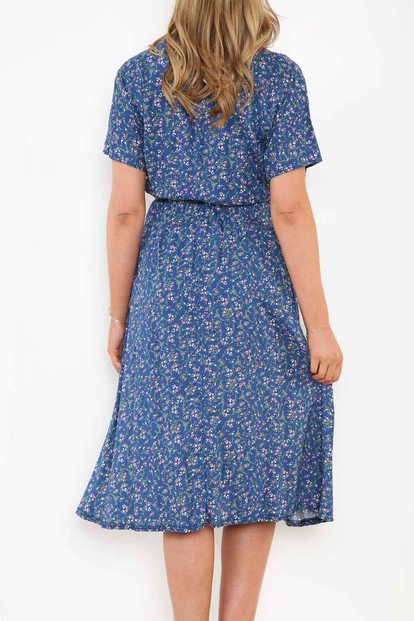 Ladies Elasticated Waist Wrap Style Ditsy Floral Print Dress Denim