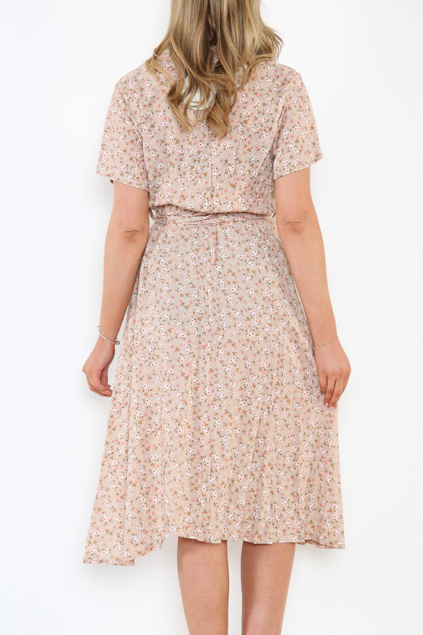Ladies Elasticated Waist Wrap Style Ditsy Flower Print Dress Stone