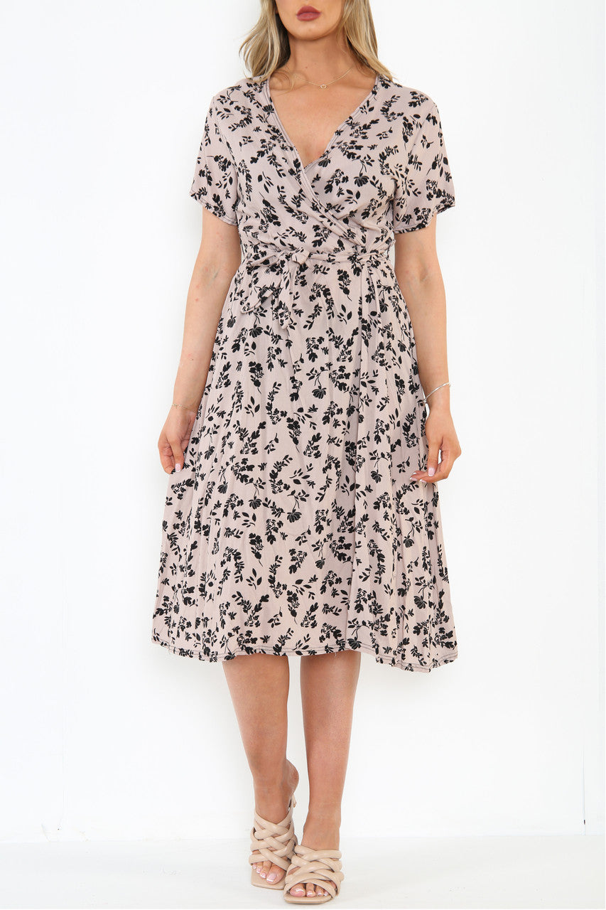 Ladies Elasticated Waist Wrap Style Floral Silhouette Print Dress Stone