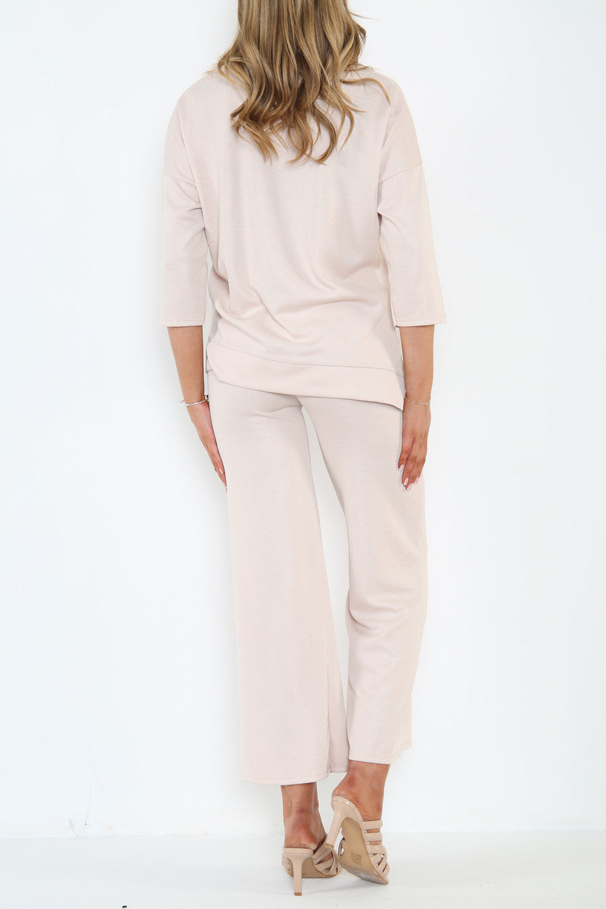 Ladies Sweatshirt Top & Wide Leg Trouser Co-Ord Set Stone