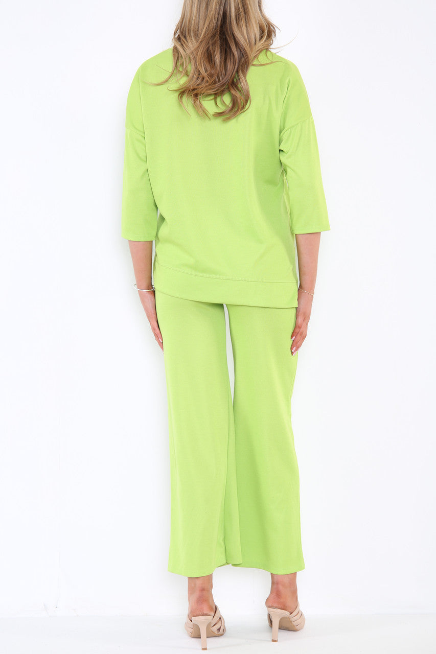 Ladies Sweatshirt Top & Wide Leg Trouser Co-Ord Set Lime