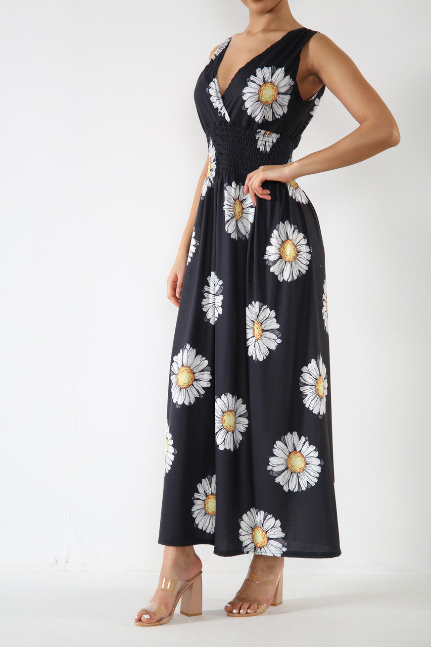 Dames Maxi Jurk met Madeliefjesprint en Elastische Taille Zwart