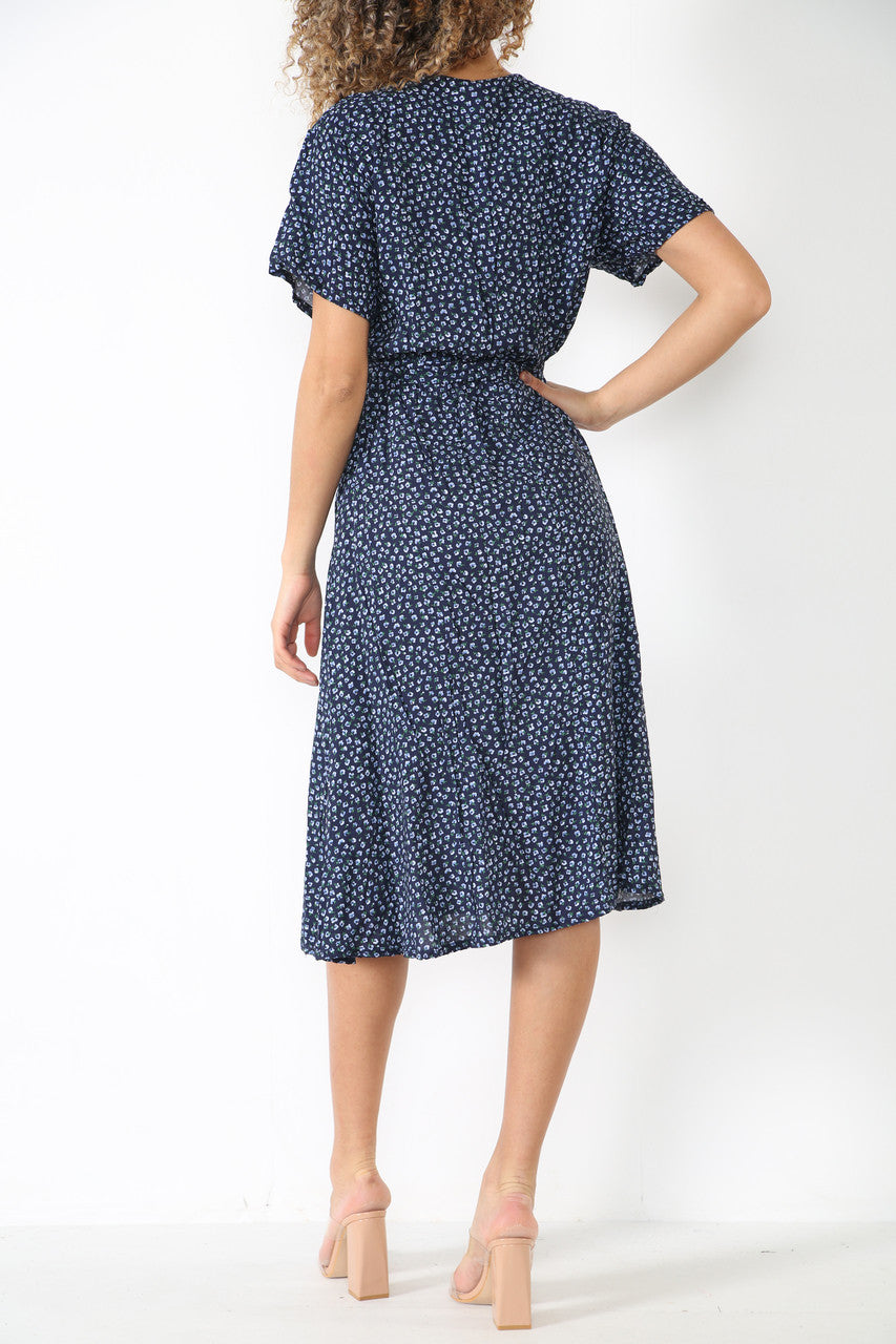 Ladies Elasticated Waist Wrap Style Ditsy Poppy Print Dress Navy
