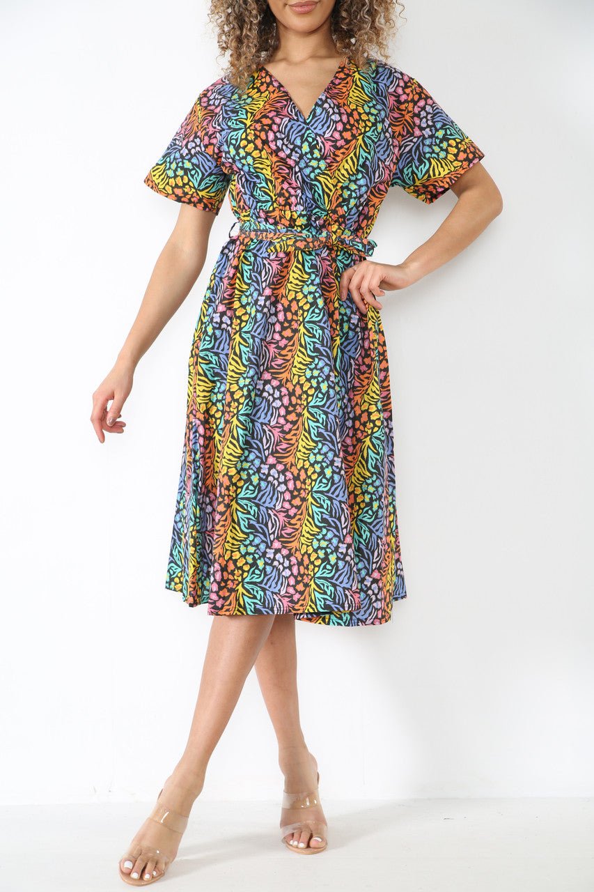 Ladies Elasticated Waist Wrap Style Animal Print Dress Black