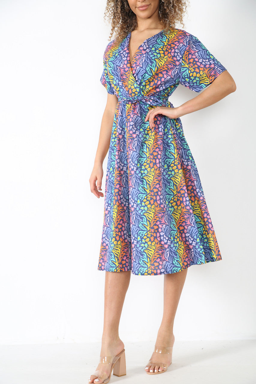 Ladies Elasticated Waist Wrap Style Animal Print Dress Navy