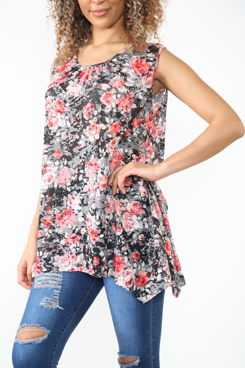 Ladies Floral Burnout Print Sleeveless Top Black