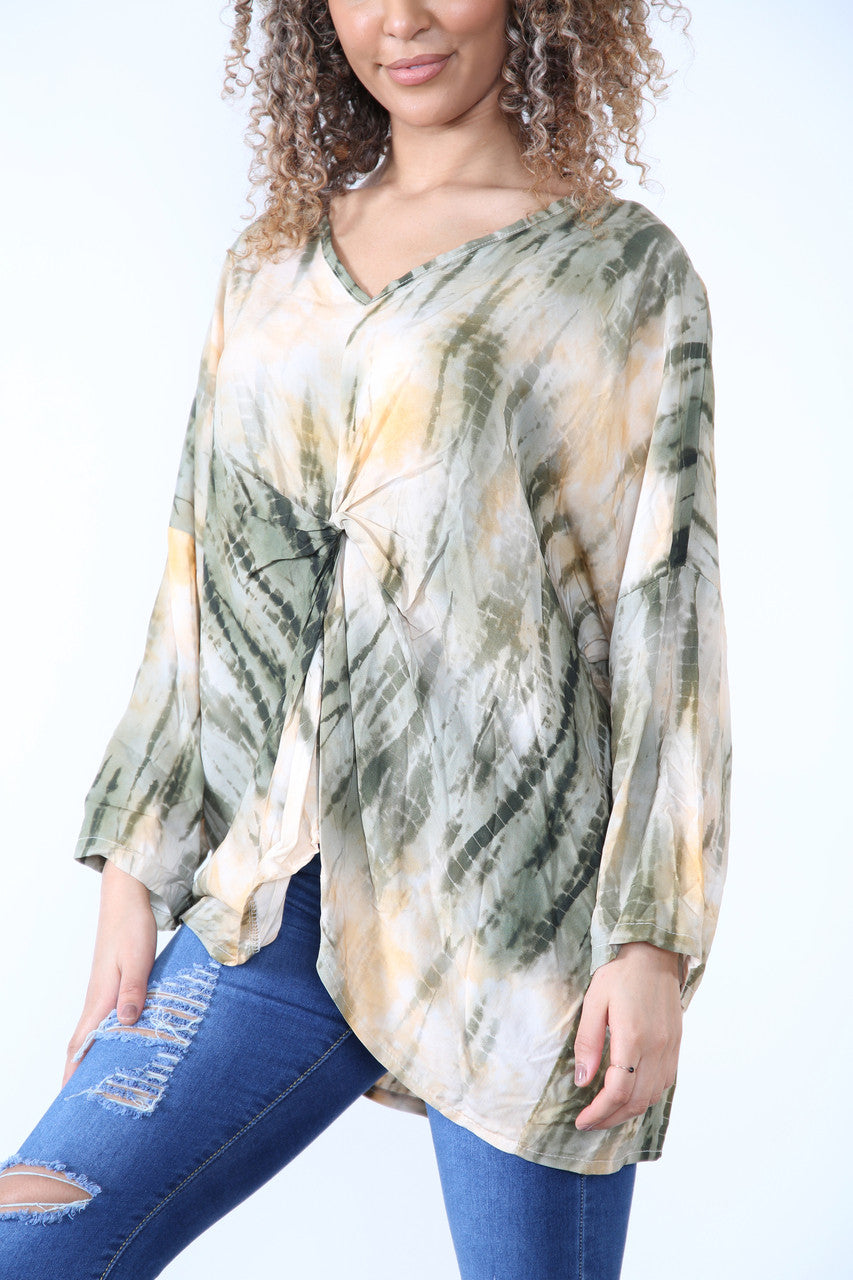 Dames Top Met Strik En Tie-Dye Print Kakikleurig
