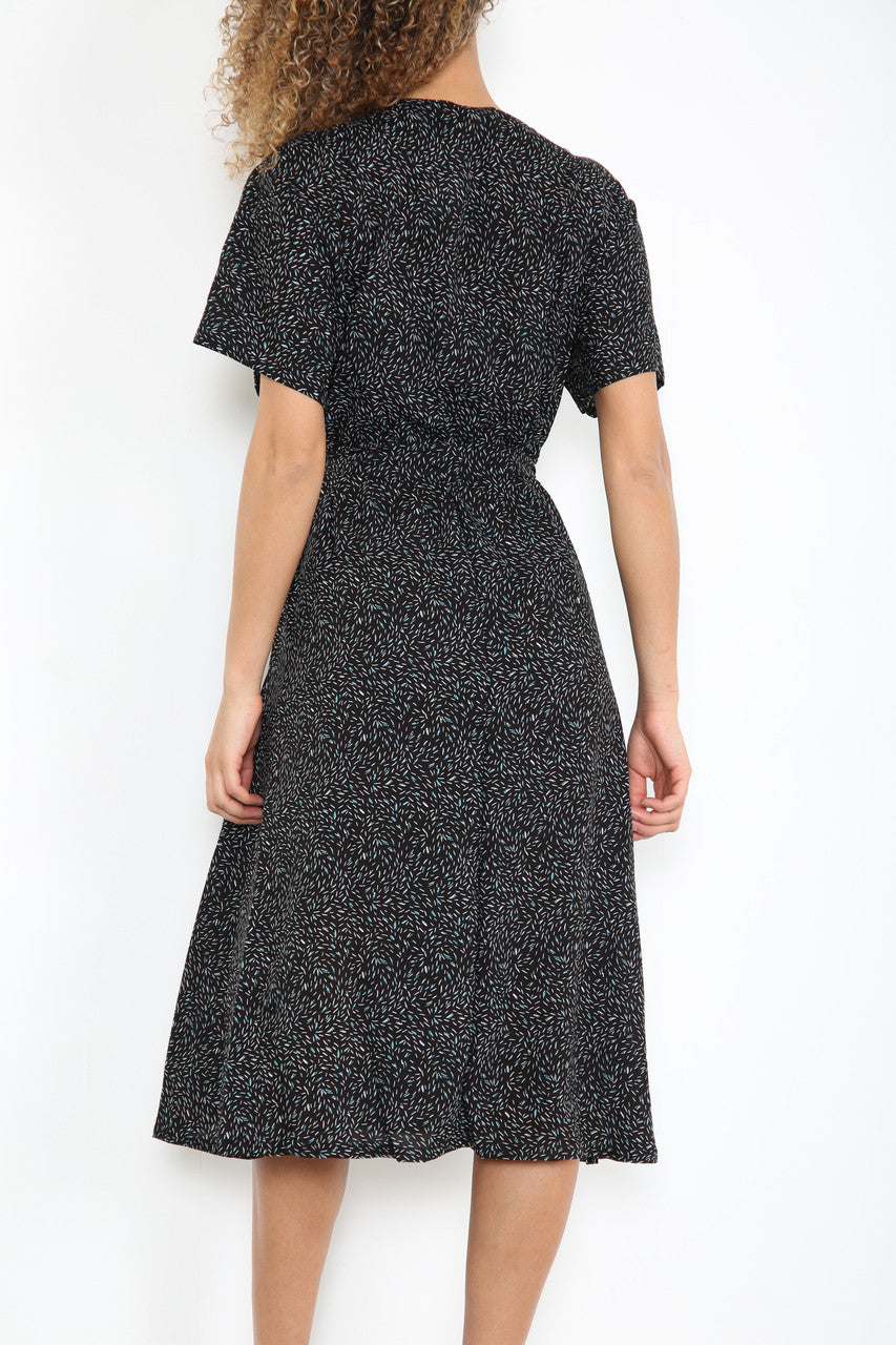 Ladies Elasticated Waist Wrap Style Blue Flecks Print Dress Black