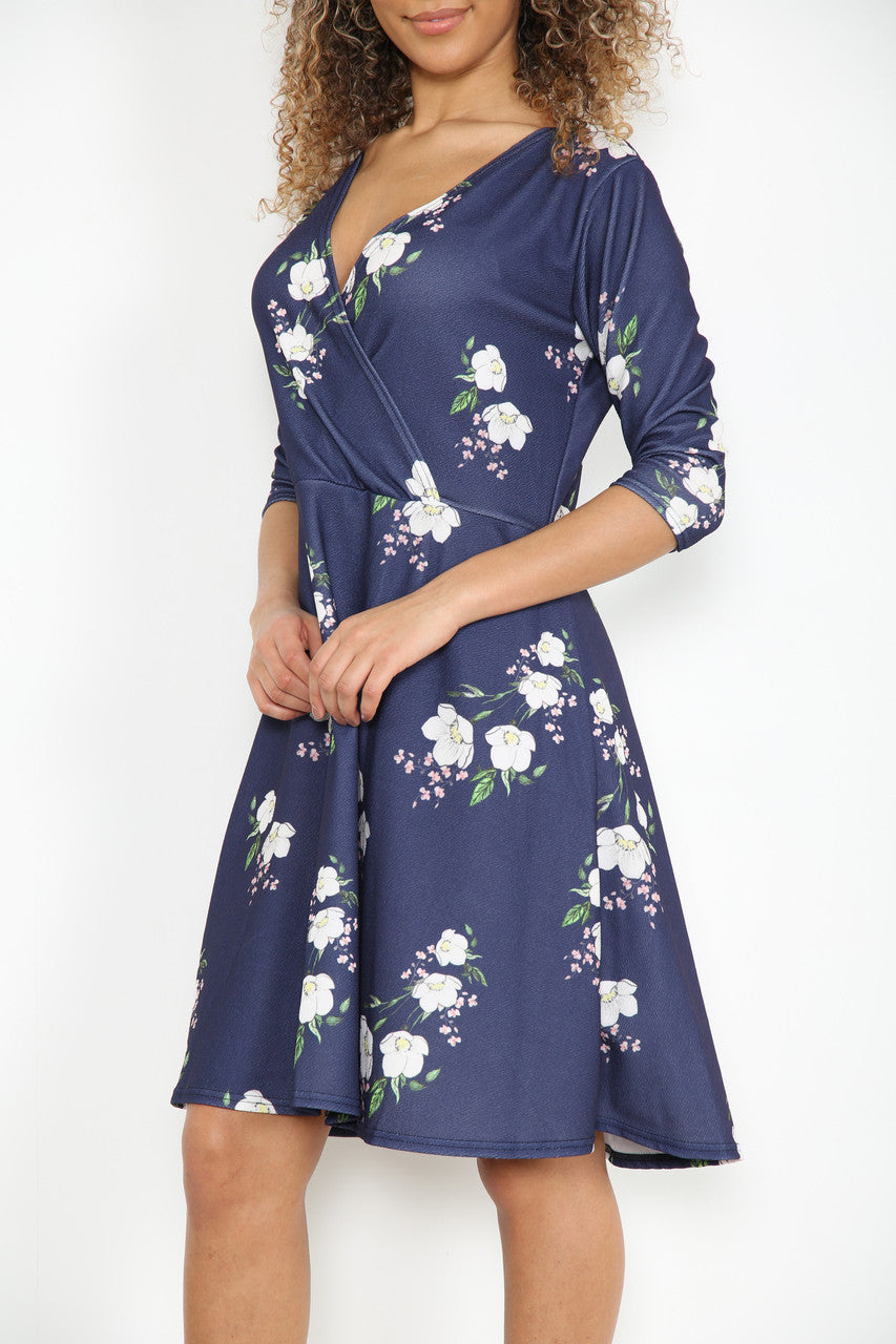 Dames Elastische Taille Wikkeljurk met Rozenprint Marineblauw