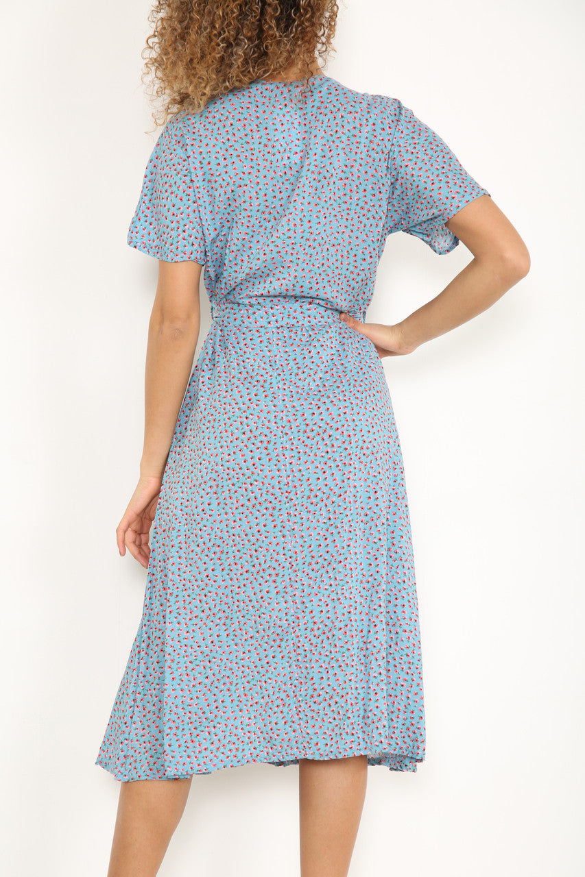 Damesjurk met elastische taille en bloemenprint (klaprozen) lichtblauw