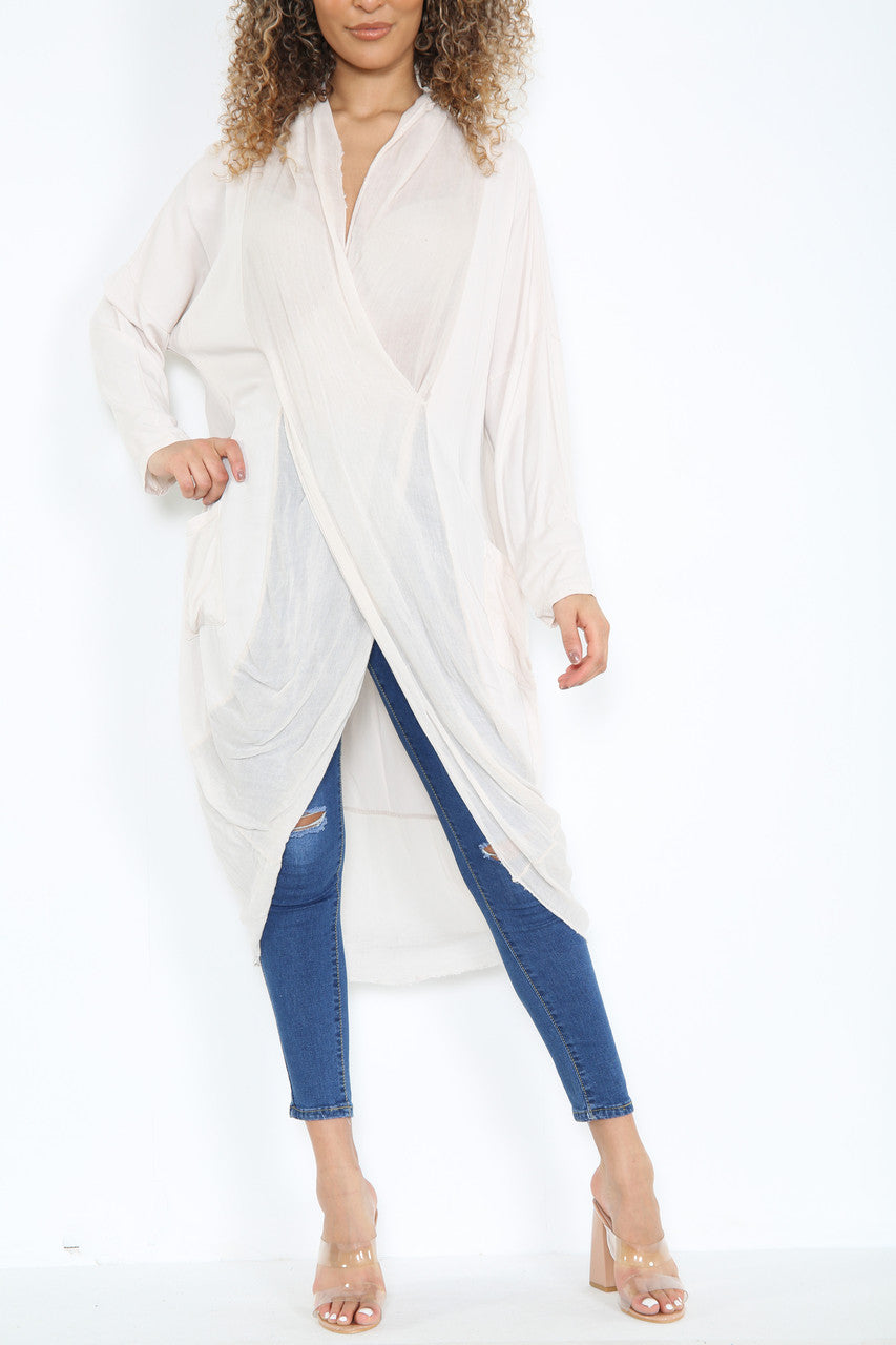 Ladies Floaty Draped Wrap Style Cardigan Top Stone