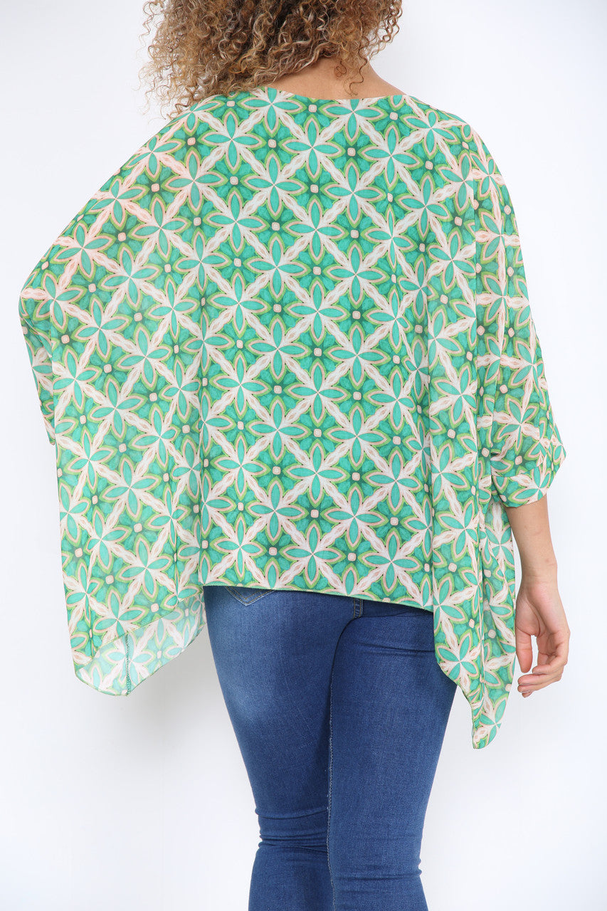 Ladies Geometric Print Batwing Blouse Green