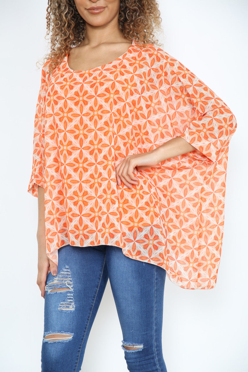 Ladies Geometric Print Batwing Blouse Orange