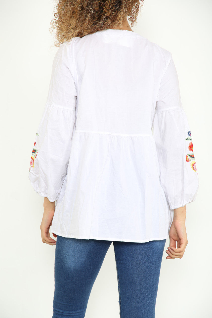 Ladies Shirt With Colourful Floral Embroidery Chest & Arm Detail White