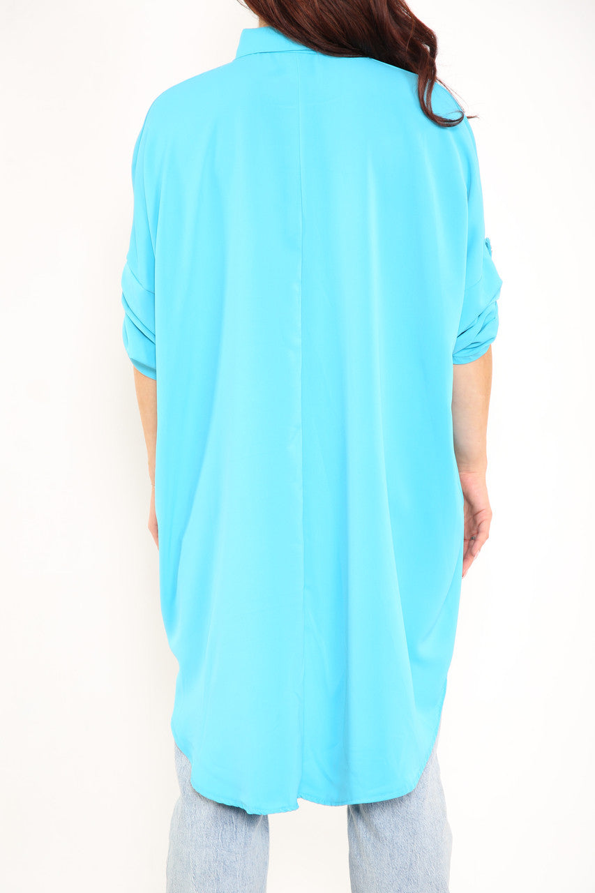 Ladies Plain Shirt With Roll Up Sleeves Turquoise