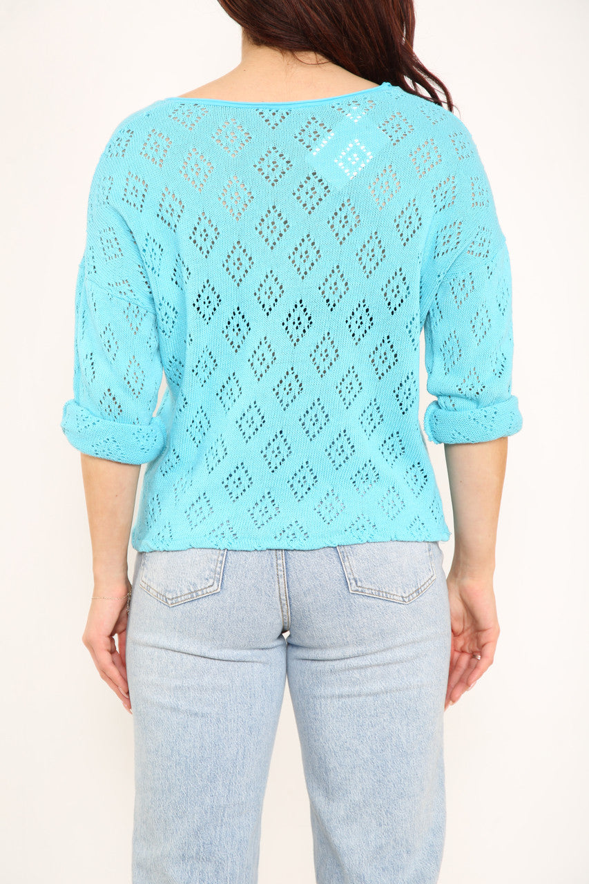 Ladies Diamond Soft Pointelle Knit Top Turquoise
