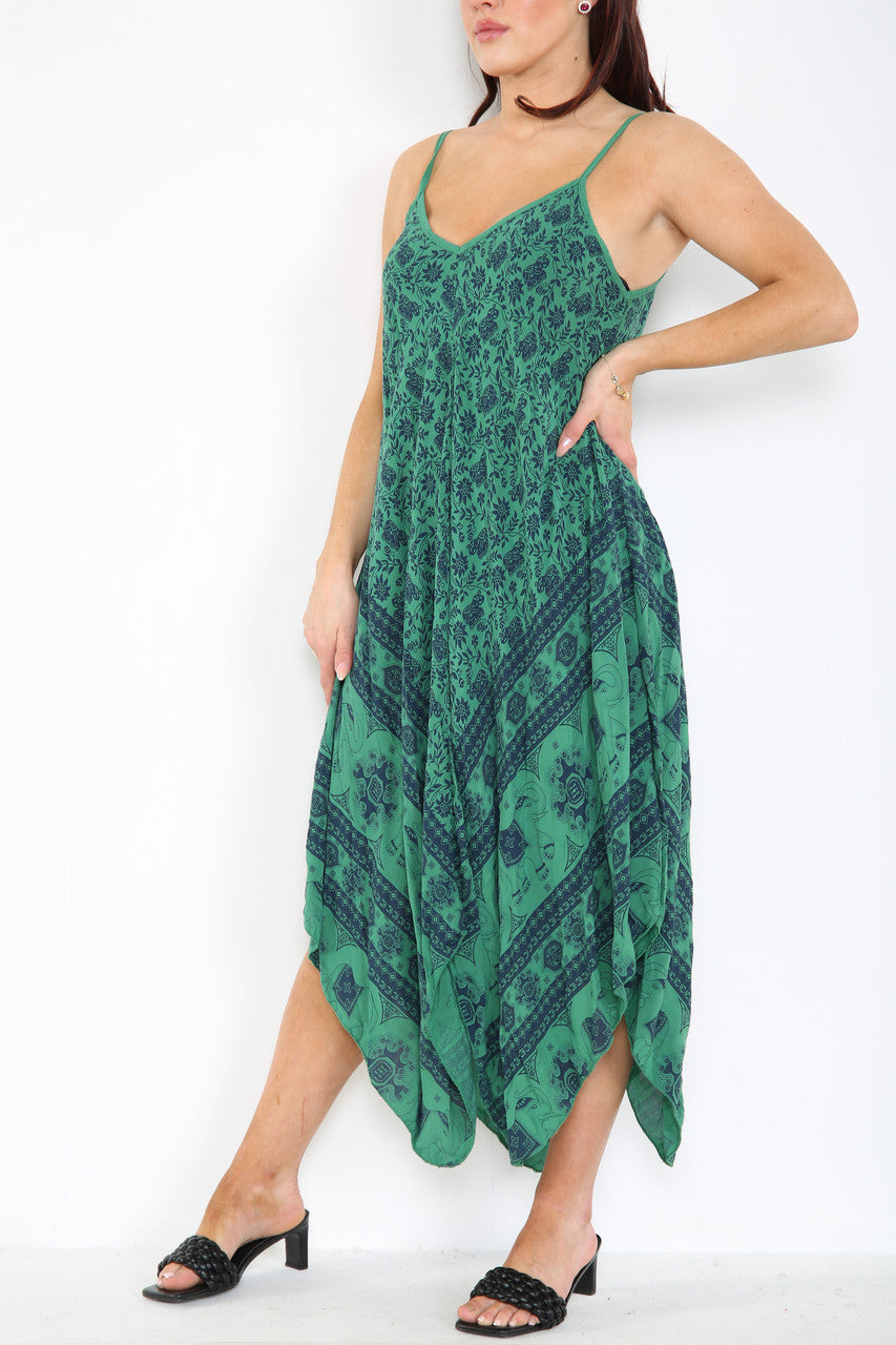 Ladies Boho & Elephant Hem Print Strappy Dress Green