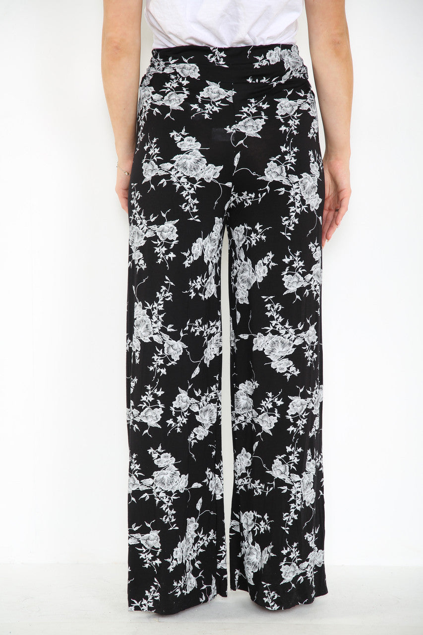 Ladies Floral Outline Print Wide Leg Trousers With Belt