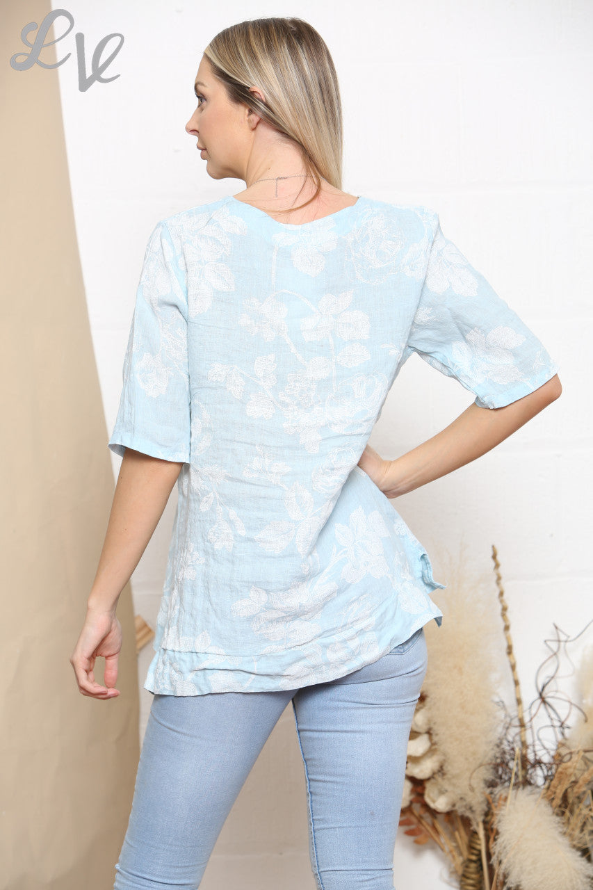 Dames bloemenprint top hemelsblauw