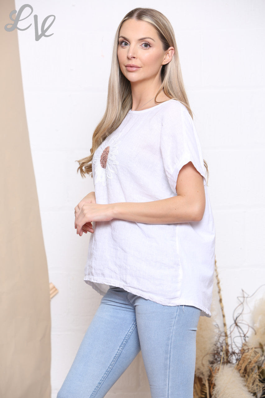Ladies Sequin Flower Top White