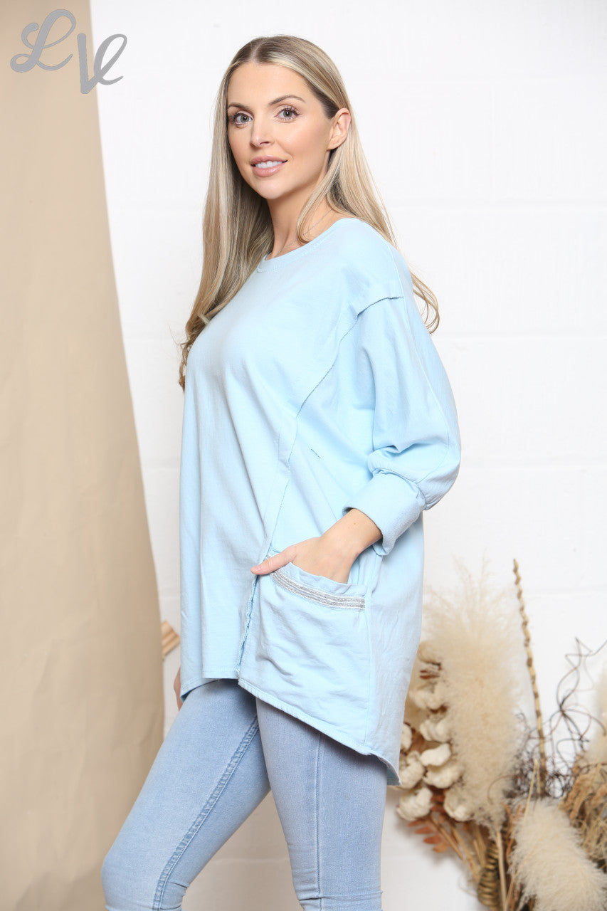 Ladies Glitter Pocket Sweatshirt Top Sky Blue