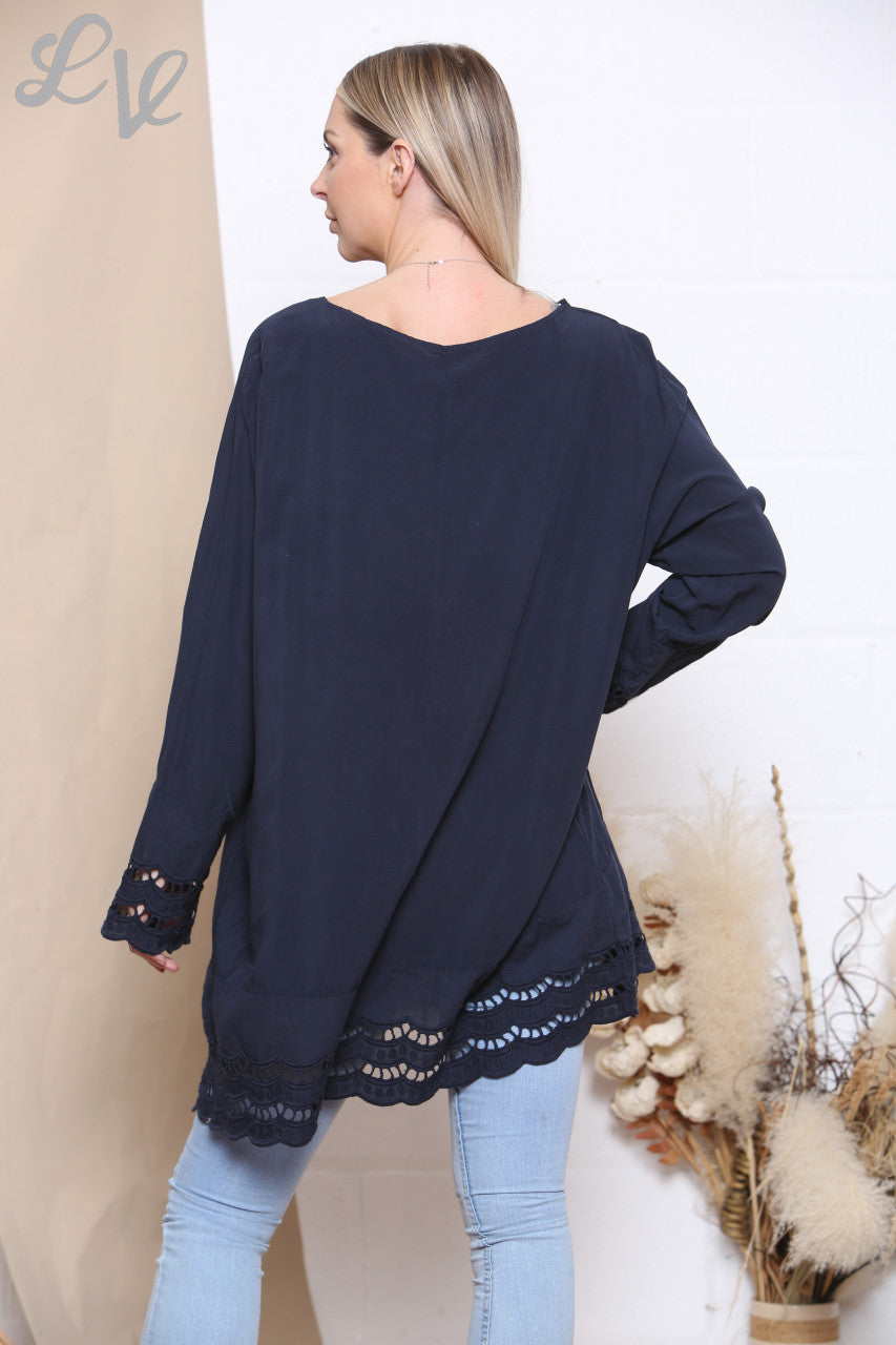 Dames Top met Kanten Zoom en Mouwen Marineblauw