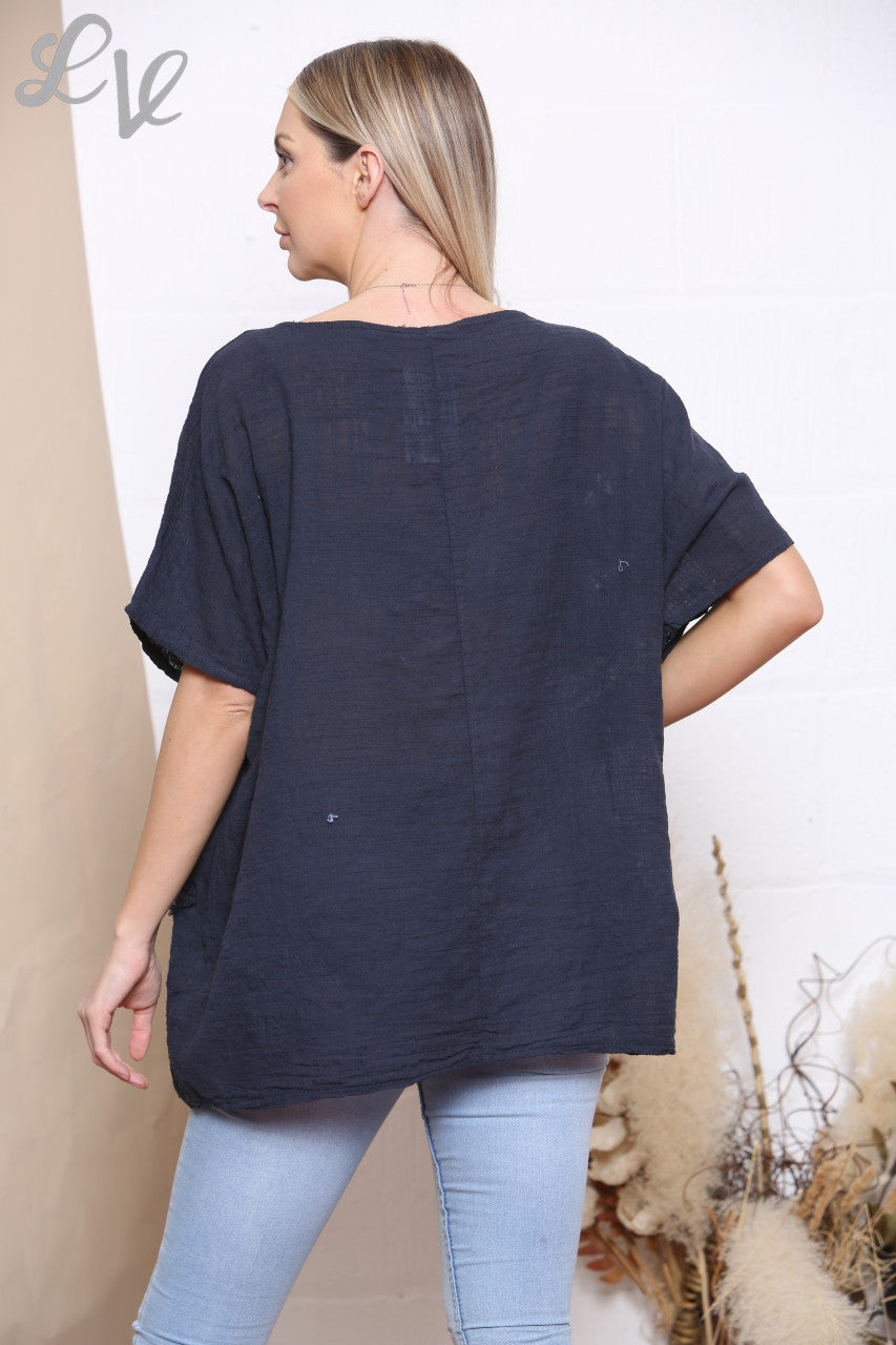 Ladies Floral Patchwork Top Navy