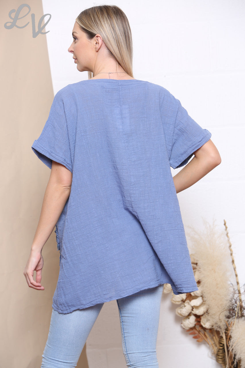 Ladies Patchwork Flowers Hem Top Denim