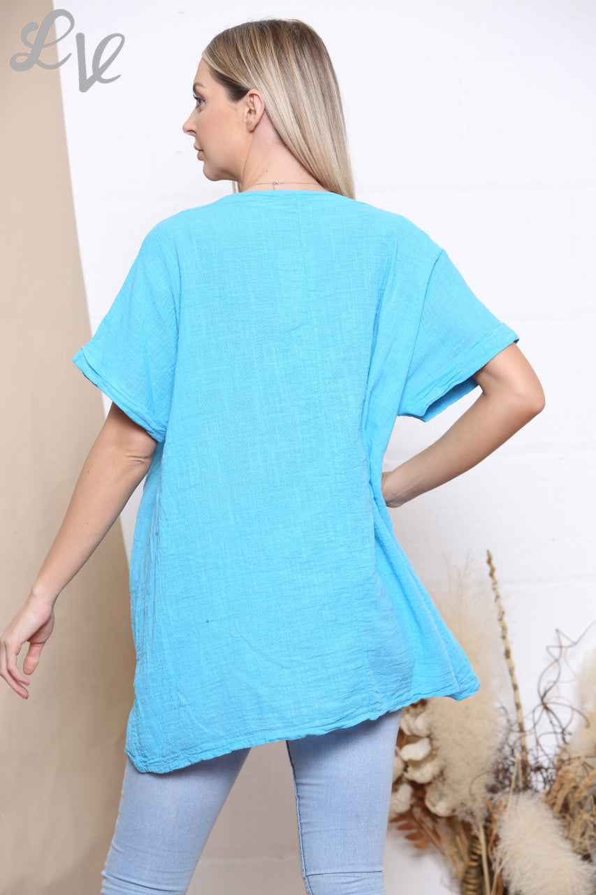 Ladies Patchwork Flowers Hem Top Turquoise