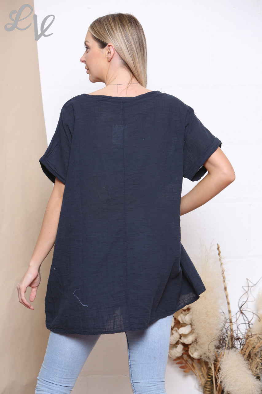 Ladies Patchwork Flowers Hem Top Navy