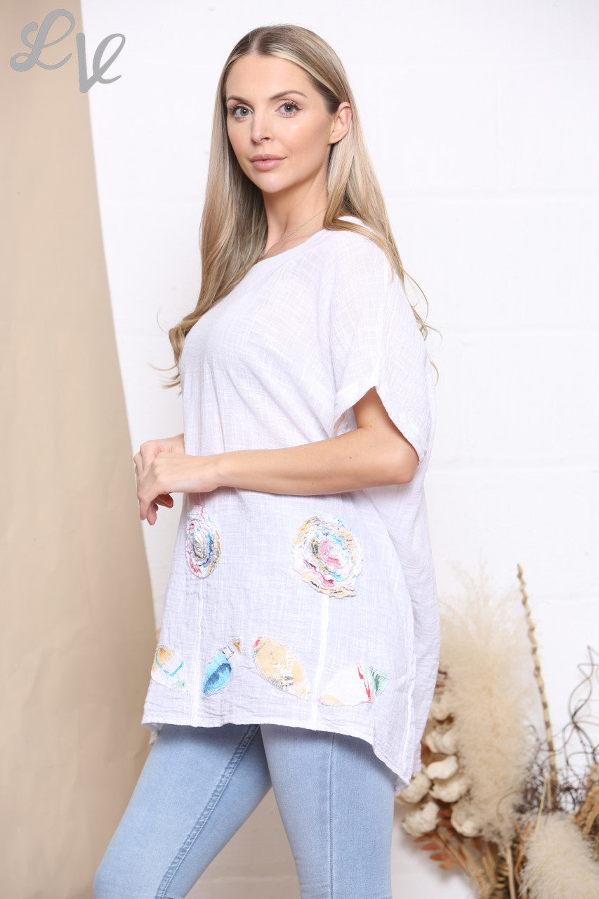 Ladies Patchwork Flowers Hem Top White