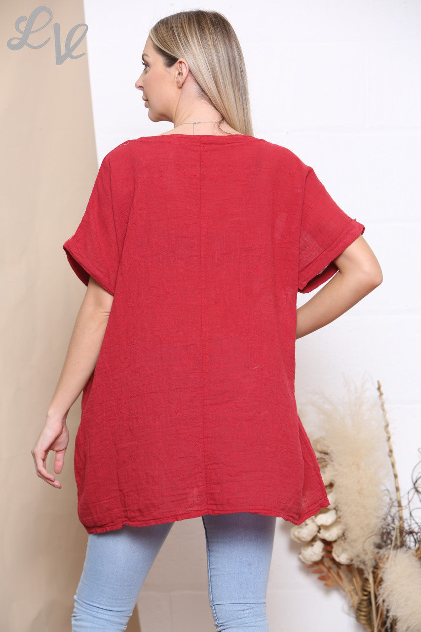 Ladies Patchwork Flowers Hem Top Red