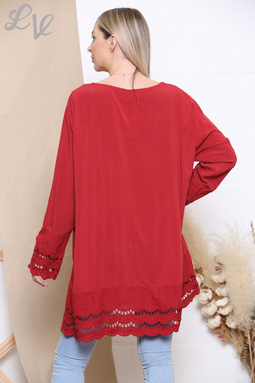 Dames Top met Kanten Zoom en Mouwen Rood