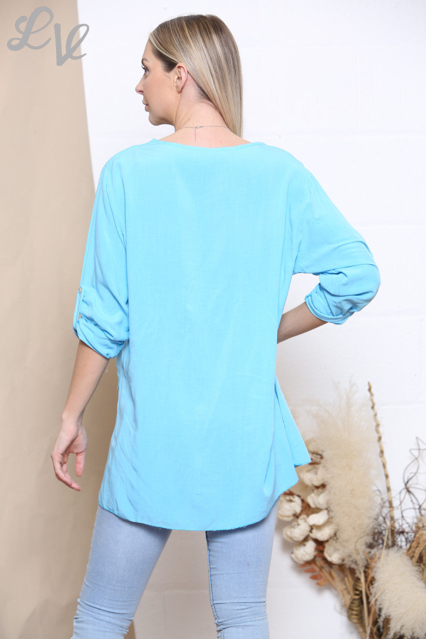 Ladies Foil Leaf Print Top Turquoise
