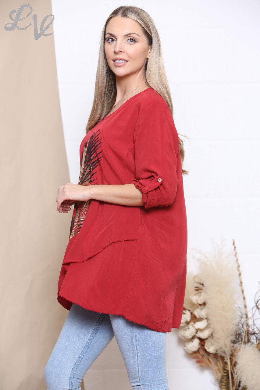 Dames top met foliebladprint rood
