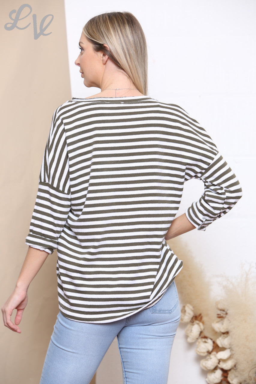 Ladies Stripe Love Foil Print Top Khaki