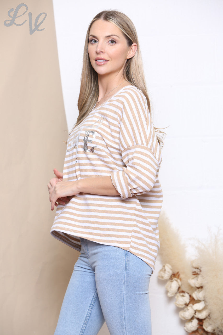 Ladies Stripe Love Foil Print Top Stone