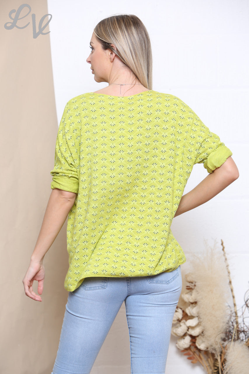 Dames Ditsy Print Fijngebreide Trui Top Lime