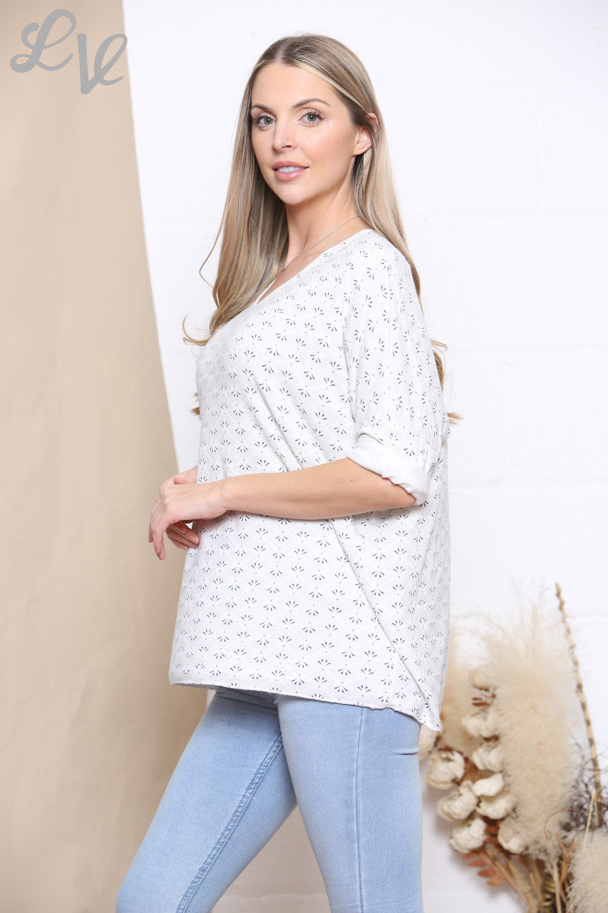 Ladies Ditsy Print Fine Knit Jumper Top White