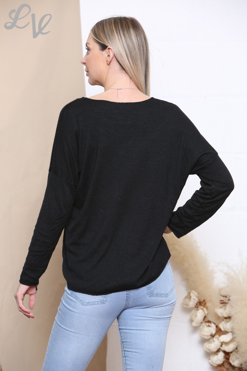 Ladies Dream Catcher Foil Print Fine Knit Jumper Top Black