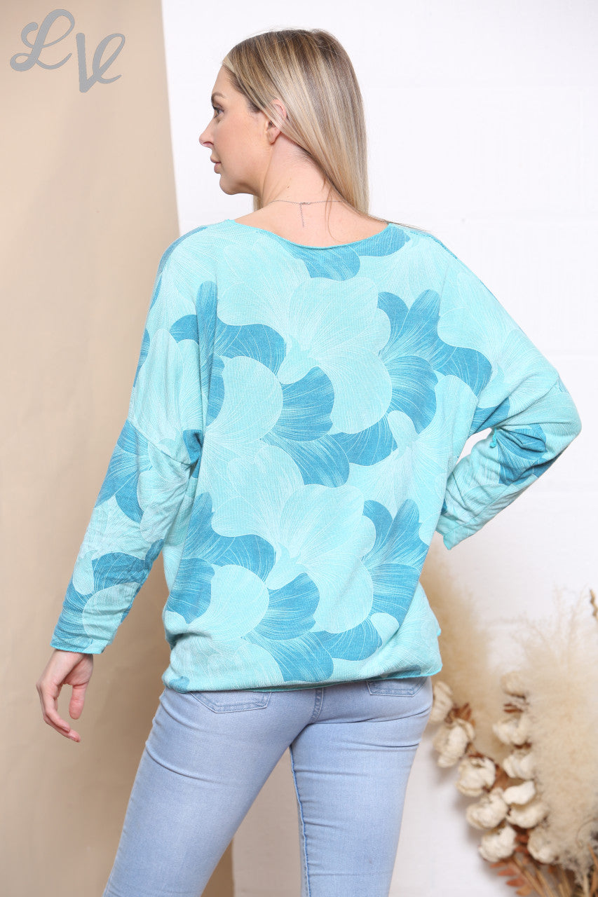 Ladies Flower Petal Print Fine Knit Jumper Top Turquoise