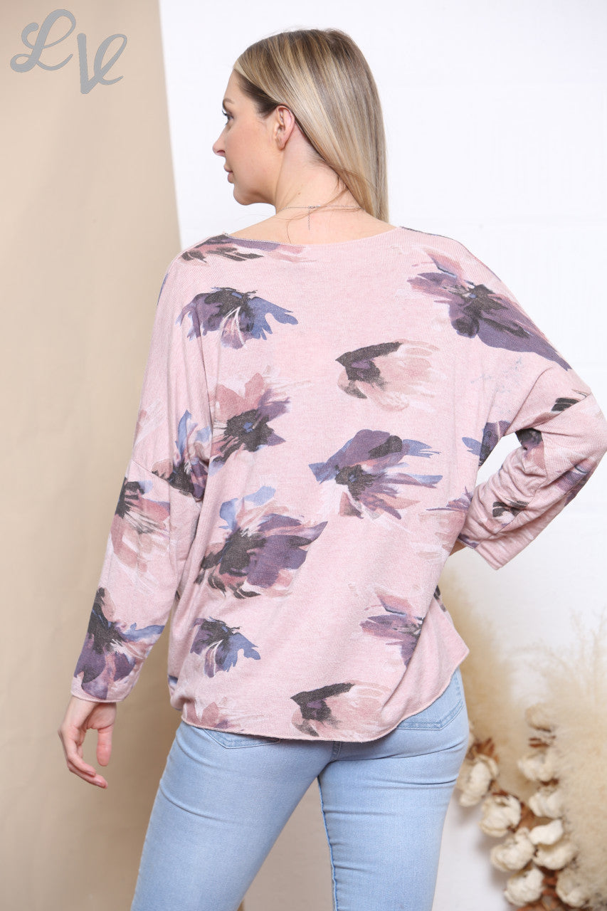 Dames Fijne Gebreide Trui met Bloemenprint in Waterverf Dusty Roze