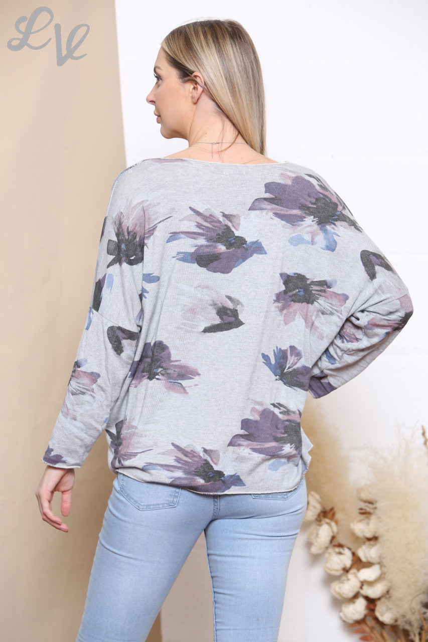 Ladies Watercolour Floral Print Fine Knit Jumper Top Grey