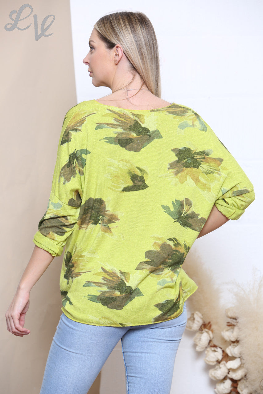 Dames Aquarel Bloemenprint Fijngebreide Jumper Top Lime