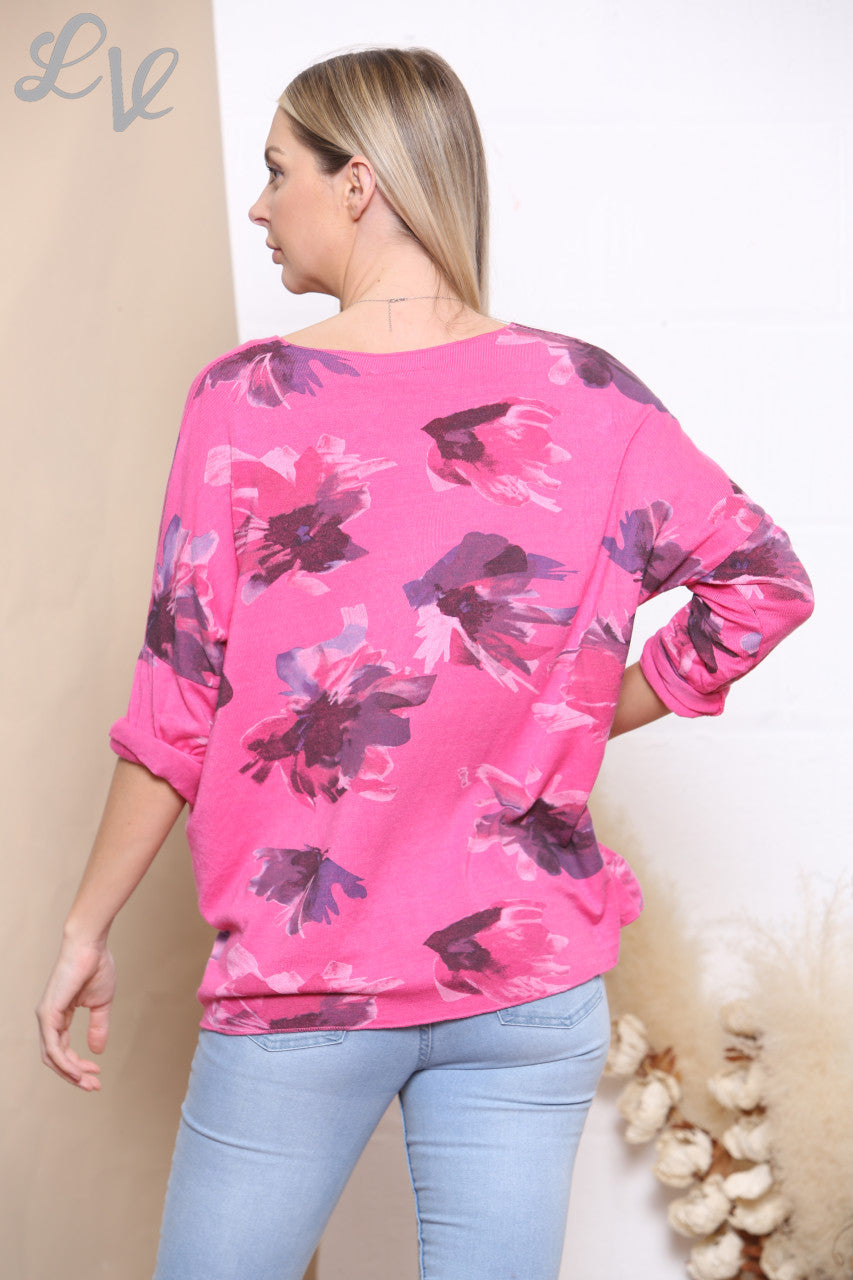 Dames Aquarel Bloemenprint Fijngebreide Trui Top Cerise